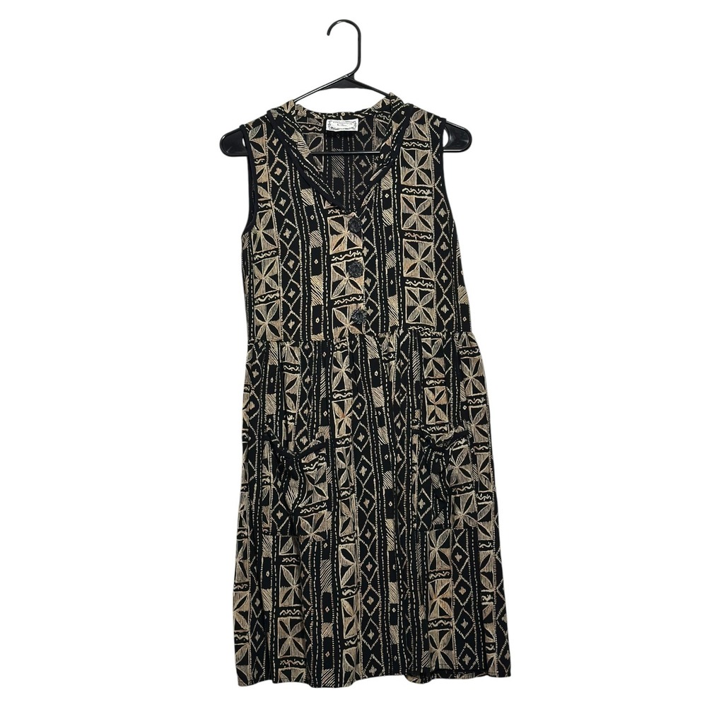 Dressing Clio VTG Boho Midi Dress Black Tan Tribal Sleeveless USA Women's M